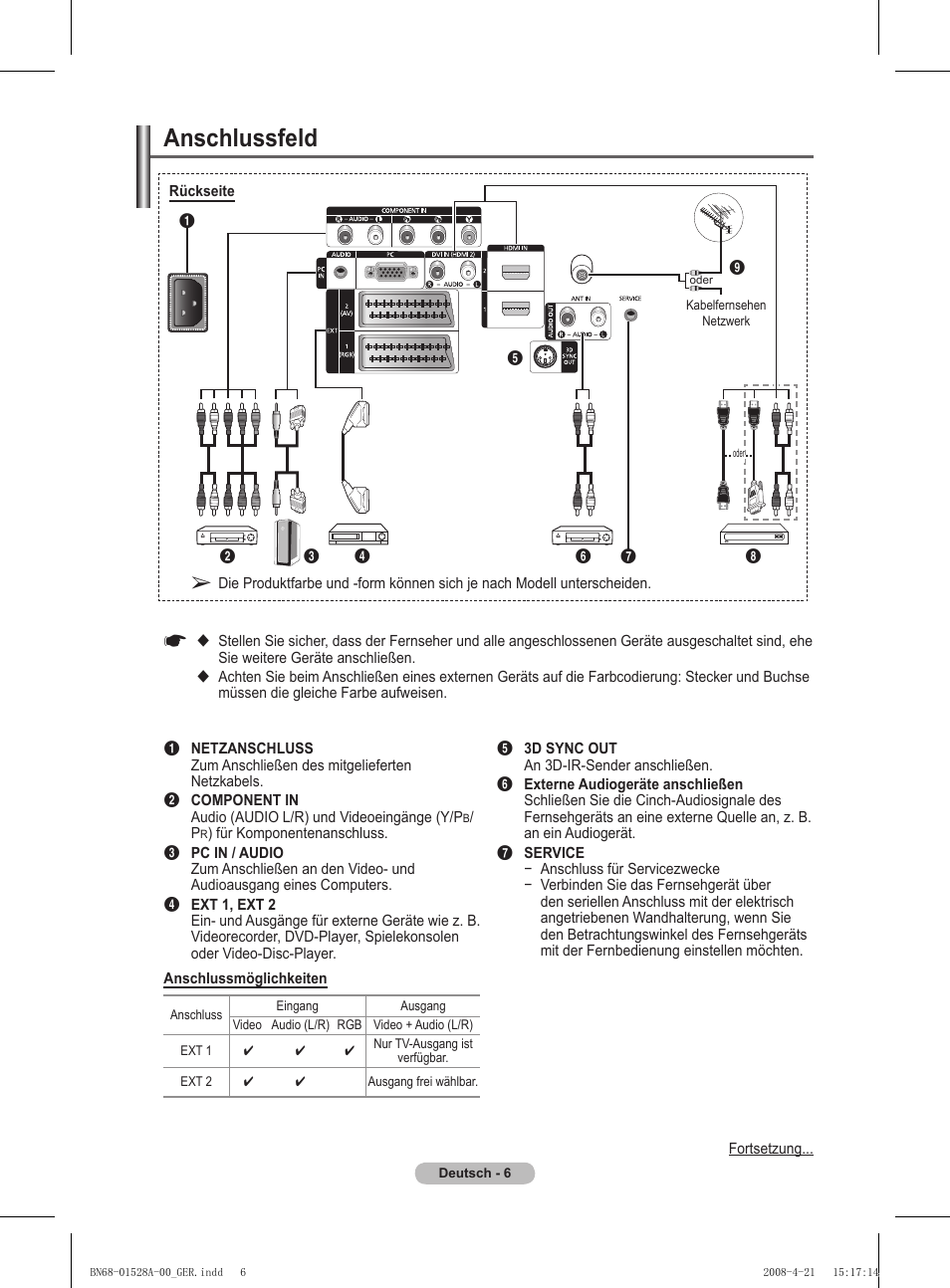 Anschlussfeld | Samsung PS50A470P1 User Manual | Page 93 / 519