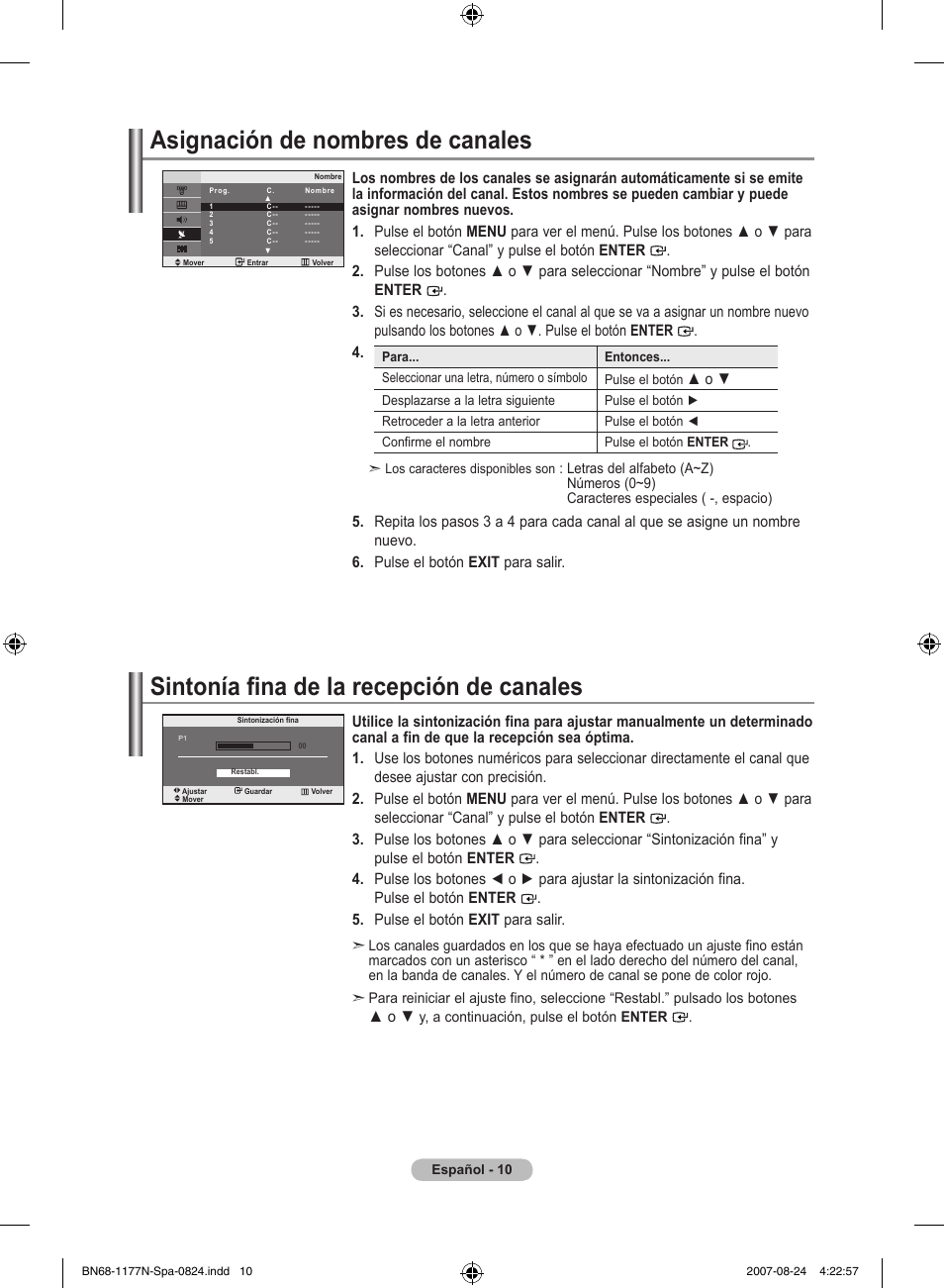 Asignación de nombres de canales, Sintonía fina de la recepción de canales | Samsung LE20S81B User Manual | Page 124 / 271