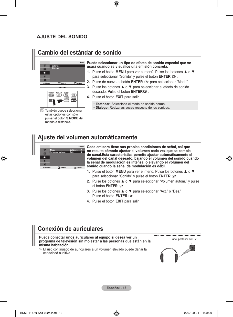 Ajuste del volumen automáticamente, Cambio del estándar de sonido, Conexión de auriculares | Ajuste del sonido | Samsung LE20S81B User Manual | Page 127 / 271