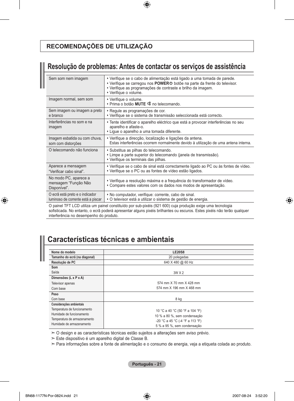 Características técnicas e ambientais, Recomendações de utilização | Samsung LE20S81B User Manual | Page 157 / 271