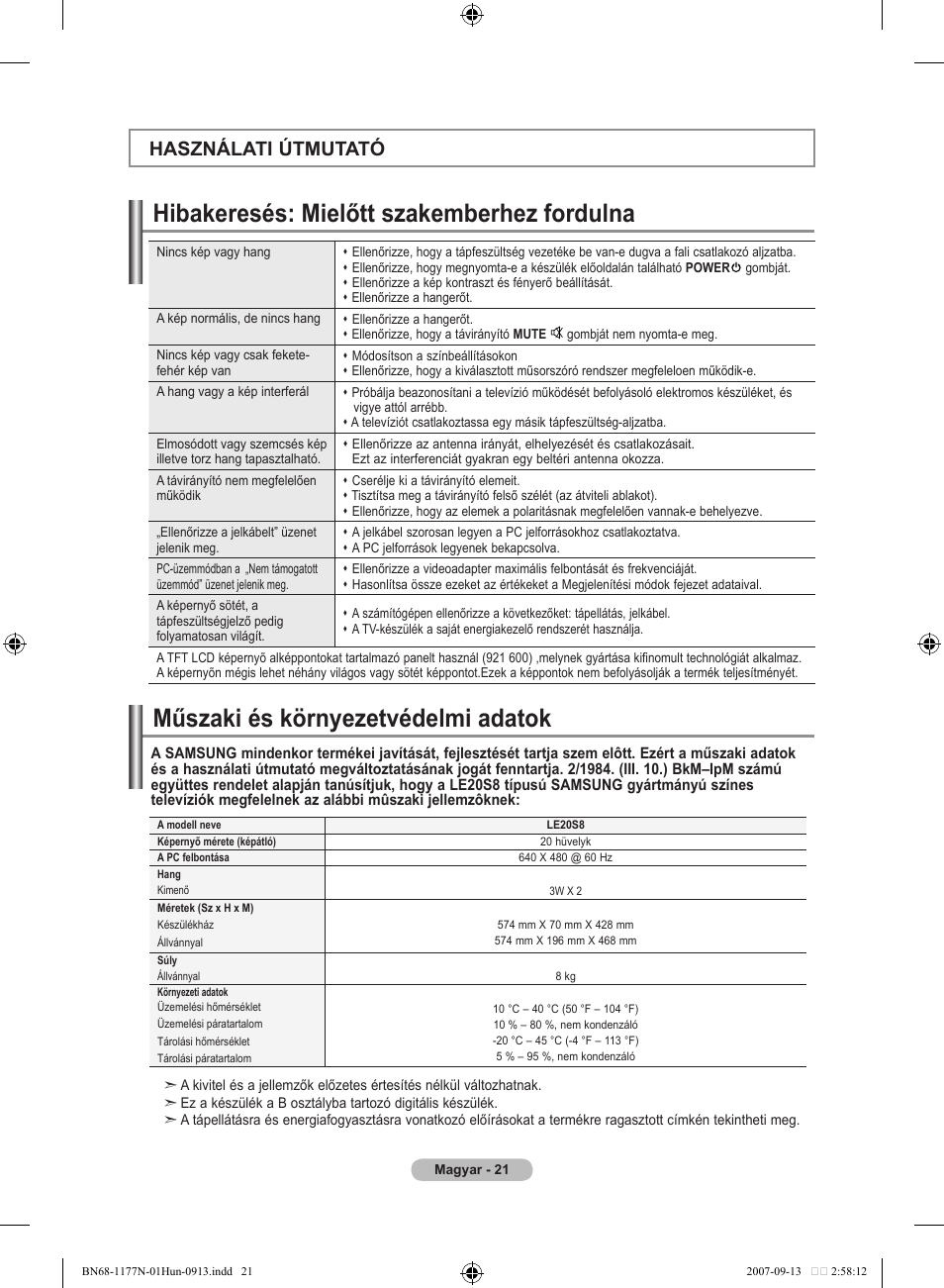 Műszaki és környezetvédelmi adatok, Hibakeresés: mielőtt szakemberhez fordulna, Használati útmutató | Samsung LE20S81B User Manual | Page 179 / 271