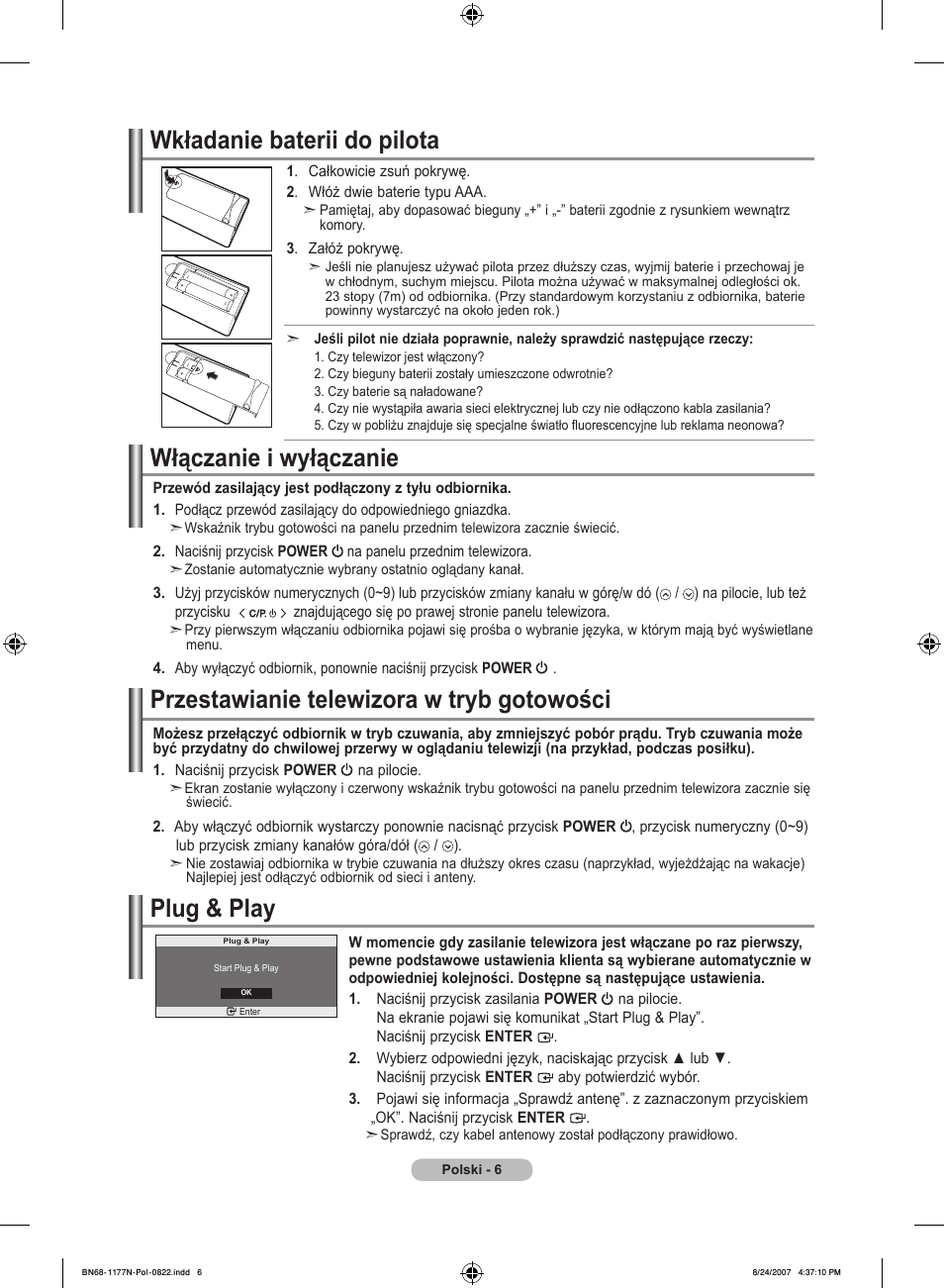 Włączanie i wyłączanie, Przestawianie telewizora w tryb gotowości, Plug & play | Wkładanie baterii do pilota | Samsung LE20S81B User Manual | Page 186 / 271