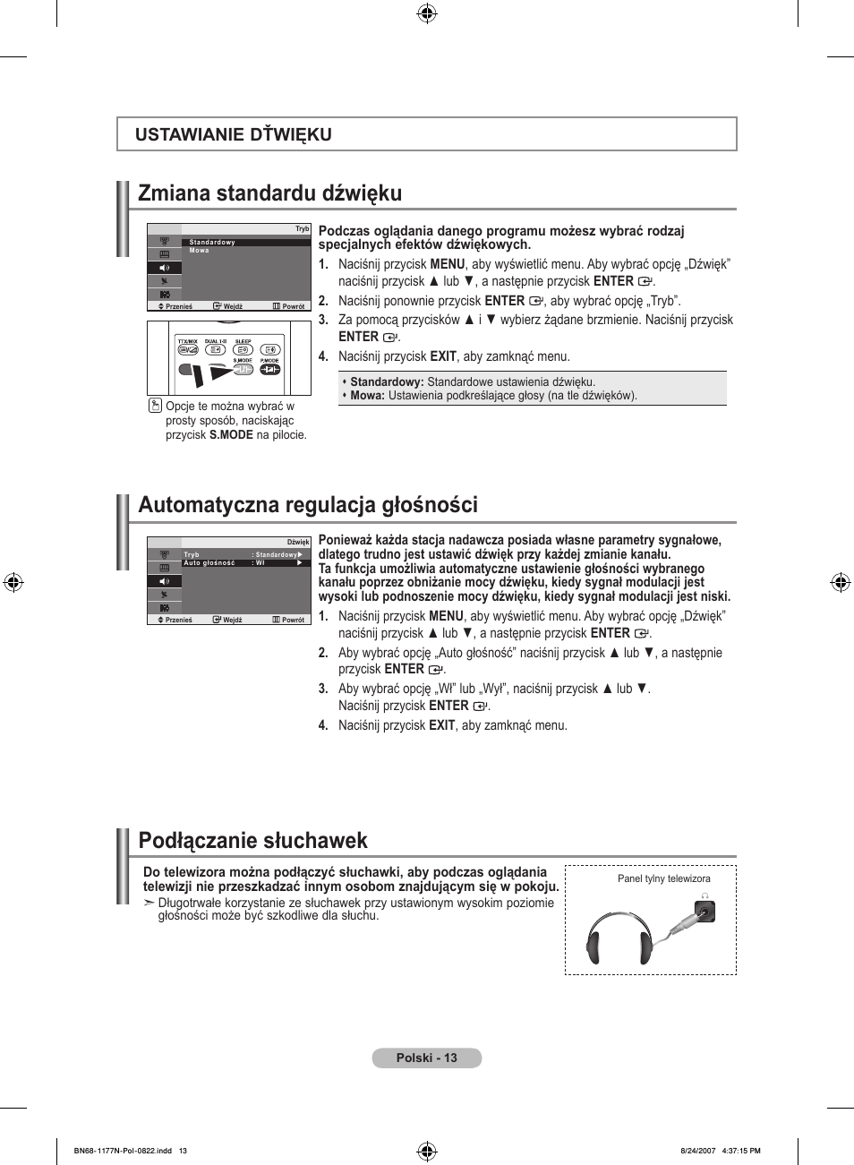 Automatyczna regulacja głośności, Zmiana standardu dźwięku, Podłączanie słuchawek | Ustawianie dťwięku | Samsung LE20S81B User Manual | Page 193 / 271