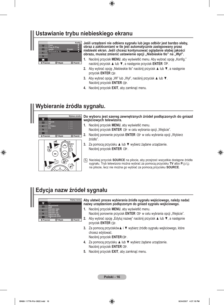 Ustawianie trybu niebieskiego ekranu, Wybieranie źródła sygnału, Edycja nazw źródeł sygnału | Samsung LE20S81B User Manual | Page 196 / 271