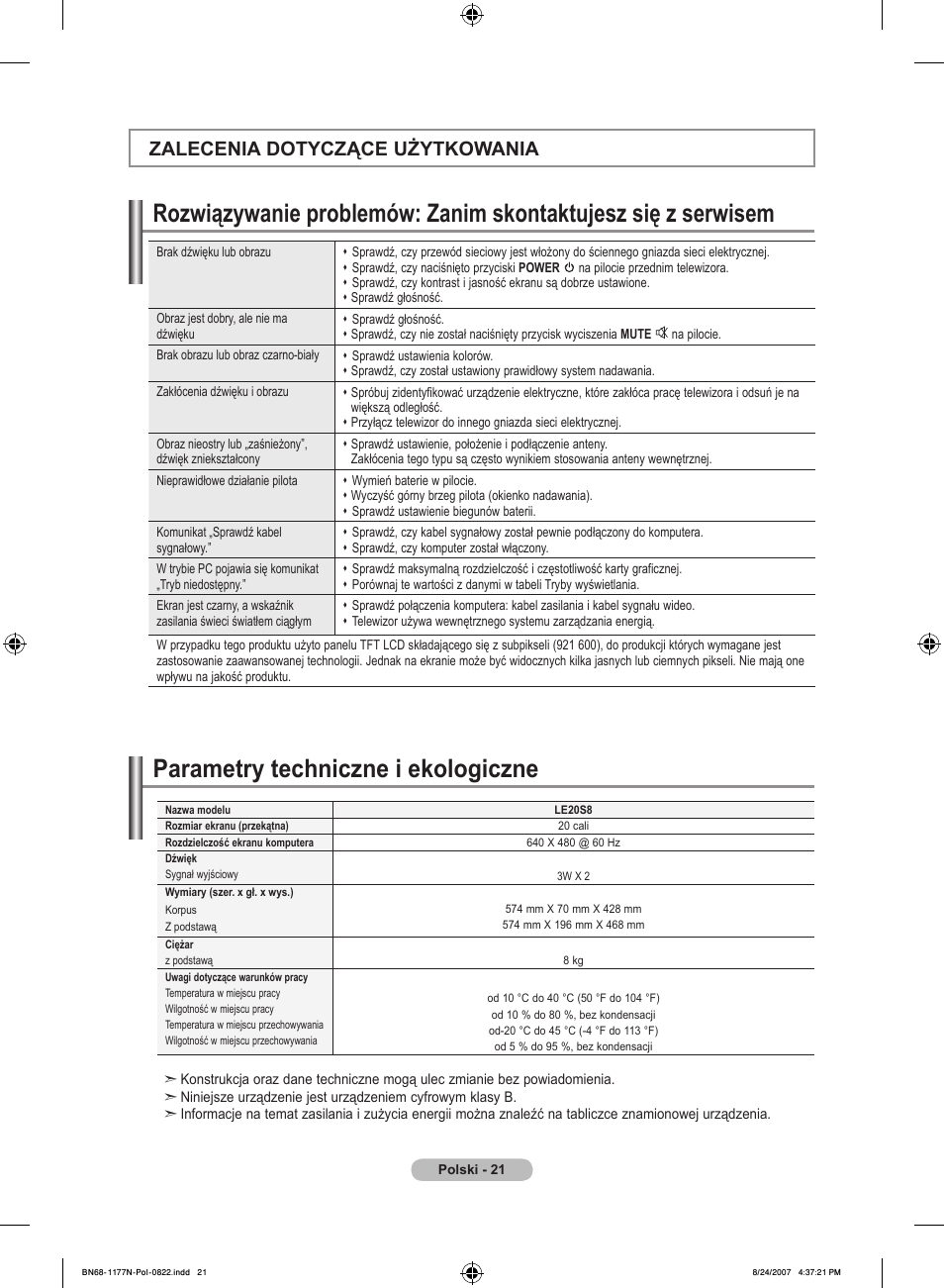 Parametry techniczne i ekologiczne, Zalecenia dotyczące użytkowania | Samsung LE20S81B User Manual | Page 201 / 271