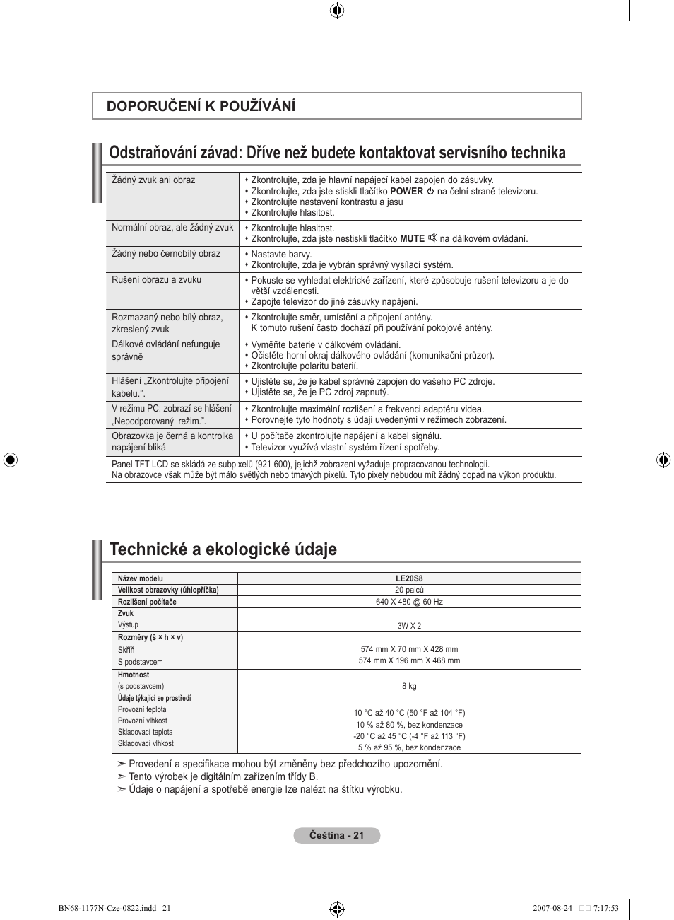 Technické a ekologické údaje, Doporučení k používání | Samsung LE20S81B User Manual | Page 223 / 271