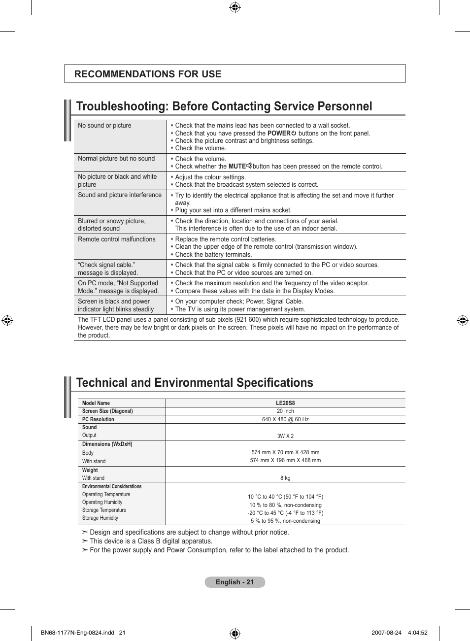 Recommendations for use, Technical and environmental specifications | Samsung LE20S81B User Manual | Page 23 / 271