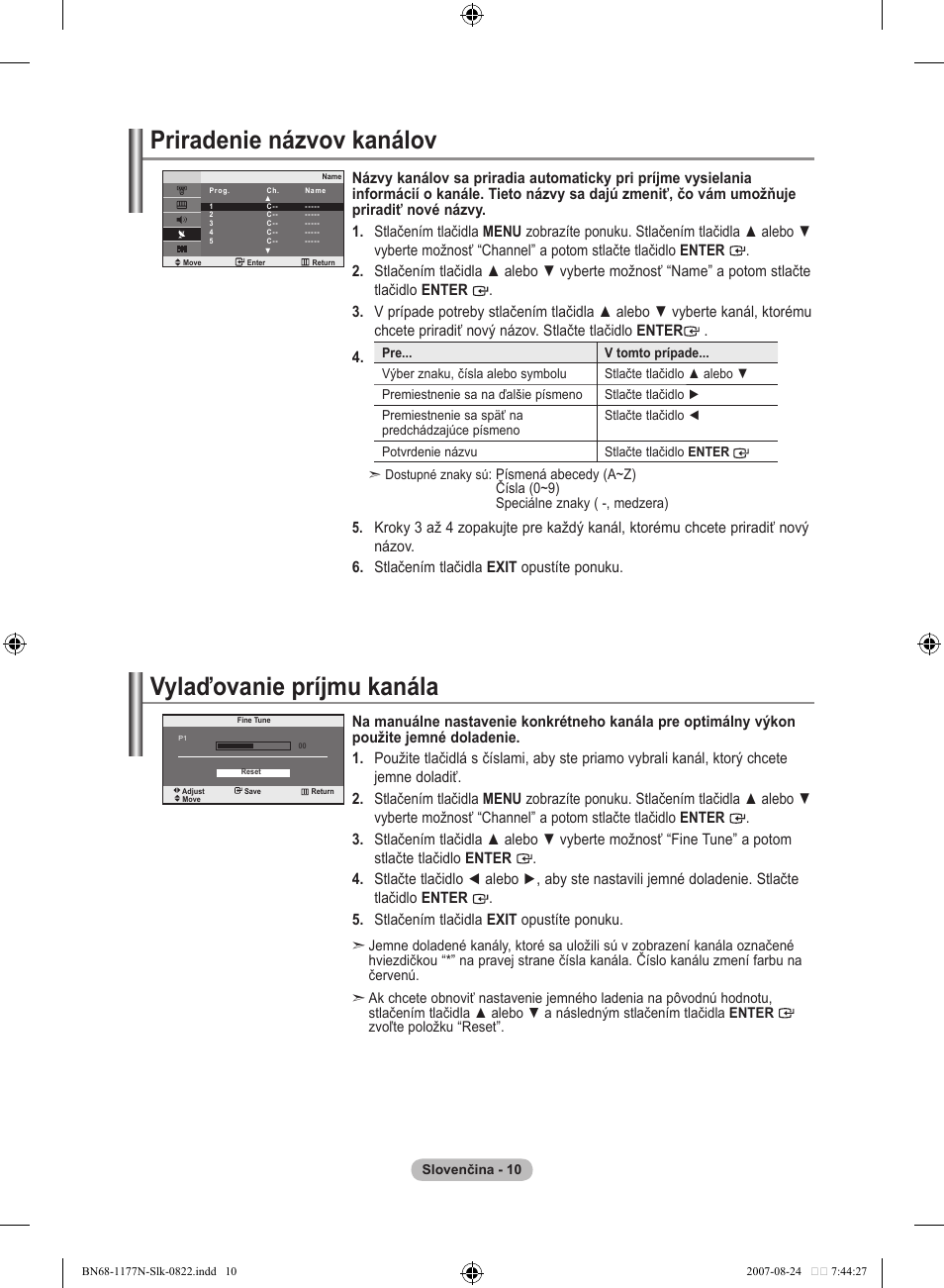 Priradenie názvov kanálov, Vylaďovanie príjmu kanála | Samsung LE20S81B User Manual | Page 234 / 271