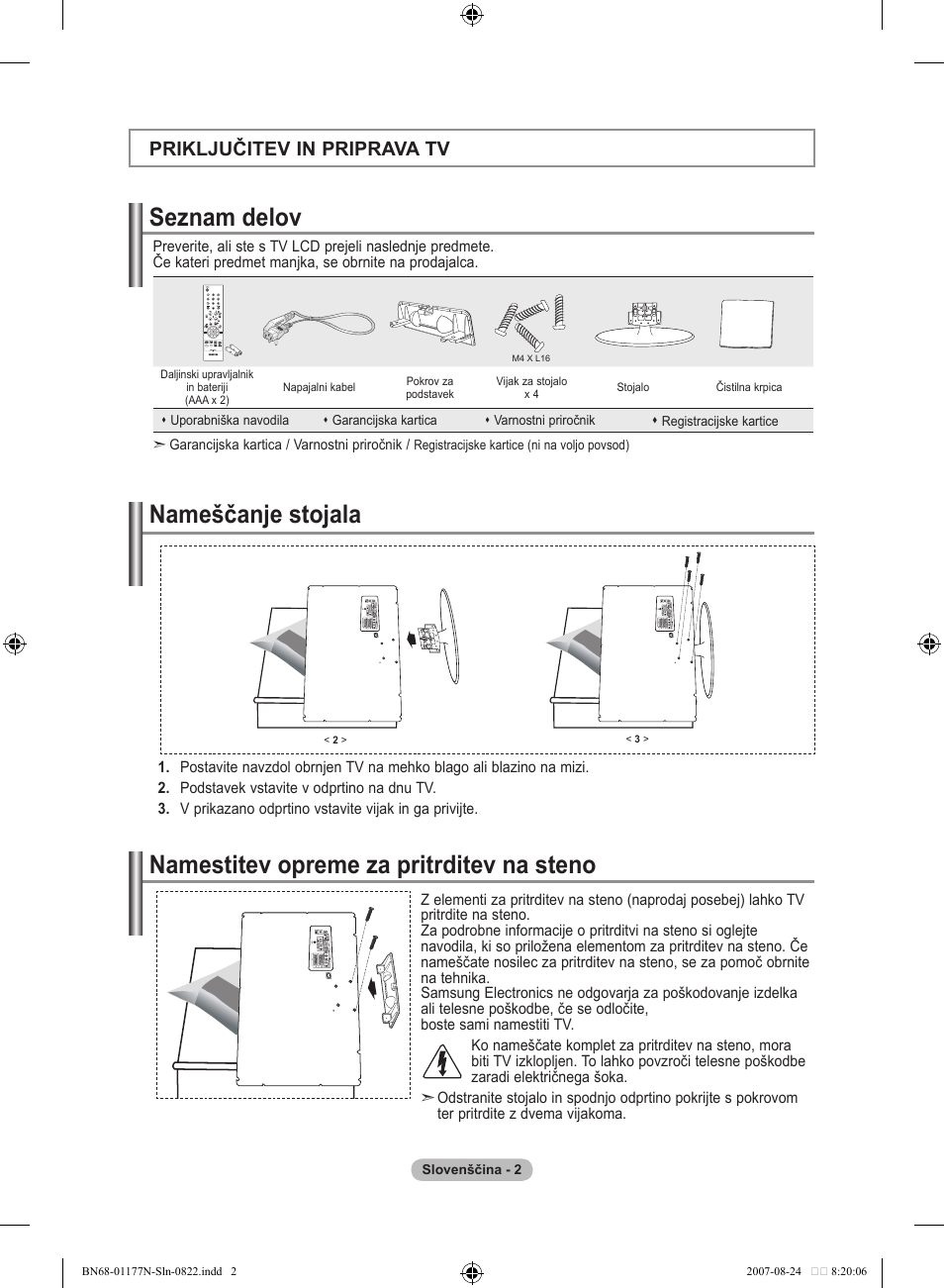 Seznam delov, Priključitev in priprava tv | Samsung LE20S81B User Manual | Page 248 / 271