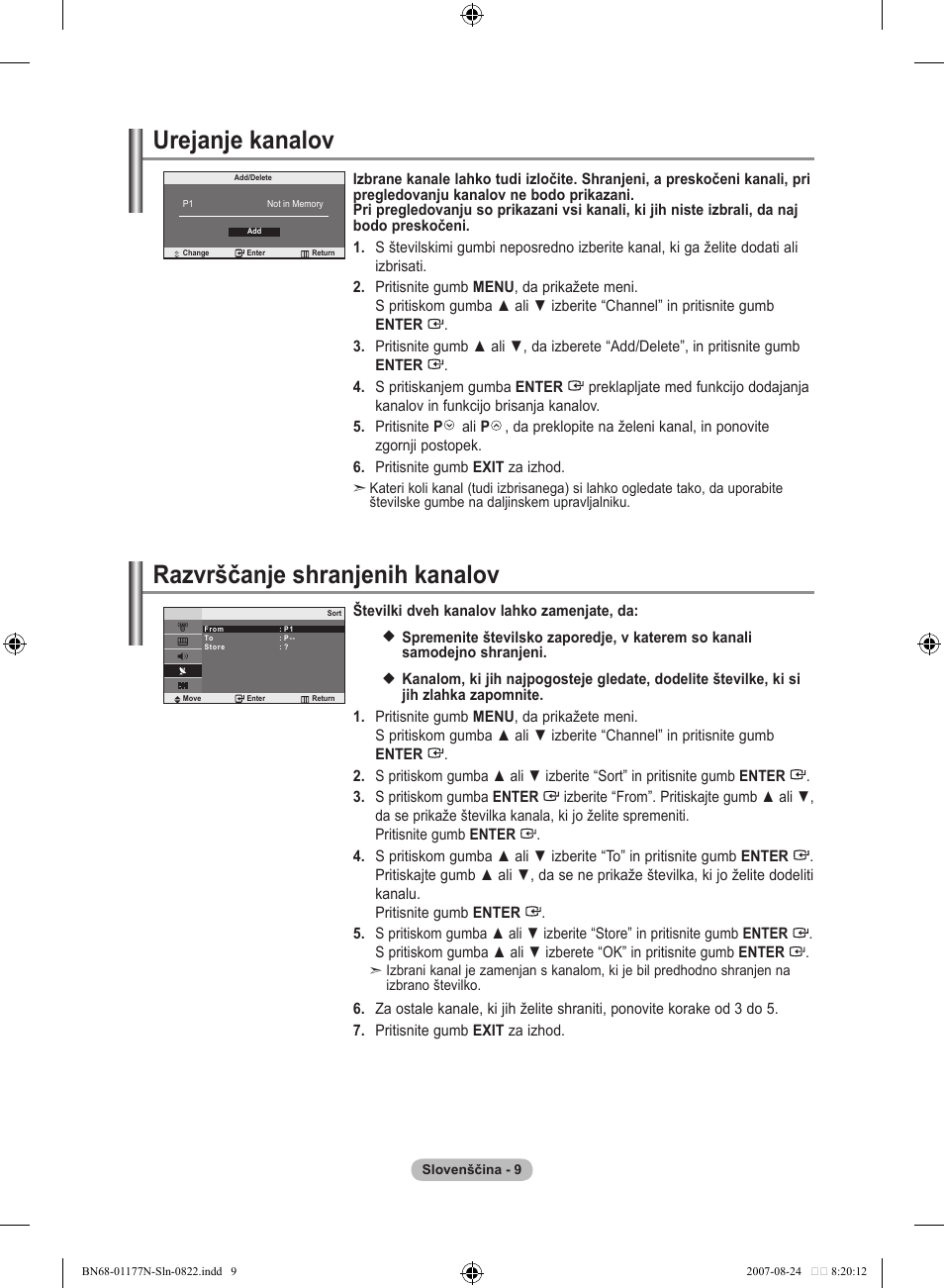 Urejanje kanalov, Razvrščanje shranjenih kanalov | Samsung LE20S81B User Manual | Page 255 / 271