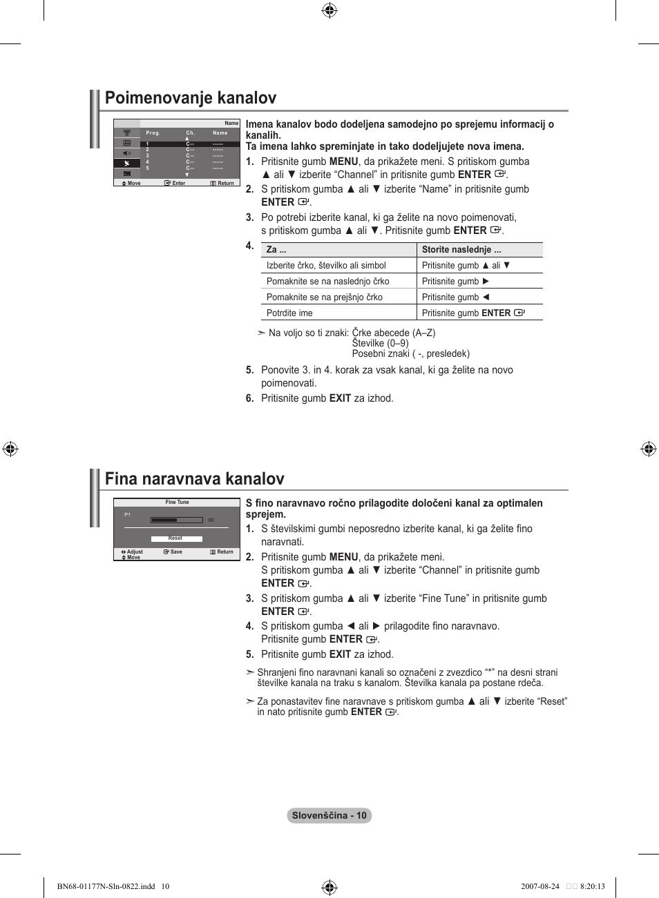 Poimenovanje kanalov, Fina naravnava kanalov | Samsung LE20S81B User Manual | Page 256 / 271