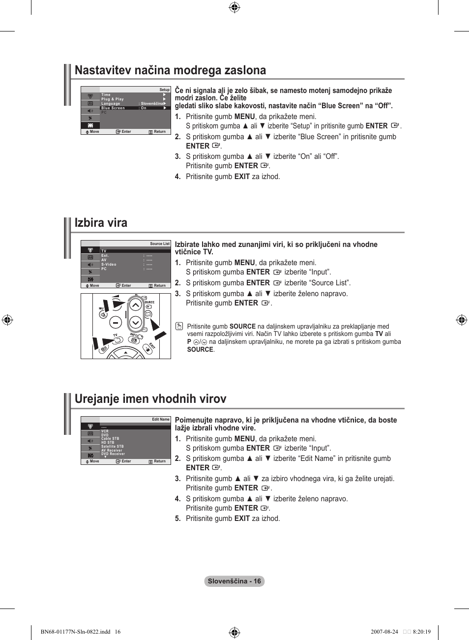 Nastavitev načina modrega zaslona, Izbira vira, Urejanje imen vhodnih virov | Samsung LE20S81B User Manual | Page 262 / 271