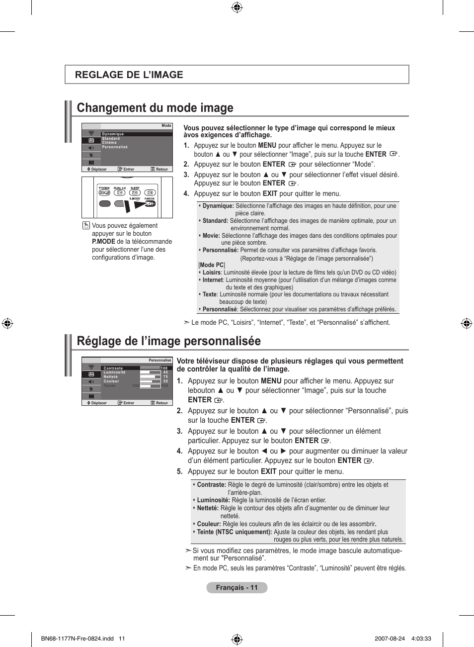 Changement du mode image, Réglage de l’image personnalisée, Reglage de l’image | Samsung LE20S81B User Manual | Page 35 / 271
