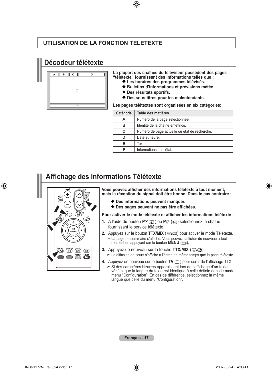 Décodeur télétexte, Affichage des informations télétexte, Utilisation de la fonction teletexte | Samsung LE20S81B User Manual | Page 41 / 271