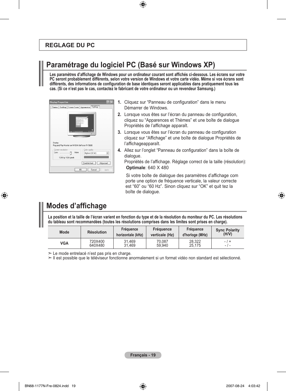 Reglage du pc | Samsung LE20S81B User Manual | Page 43 / 271
