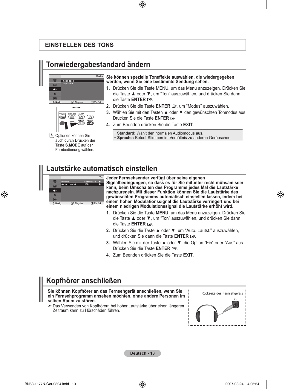 Lautstärke automatisch einstellen, Tonwiedergabestandard ändern, Kopfhörer anschließen | Einstellen des tons | Samsung LE20S81B User Manual | Page 59 / 271