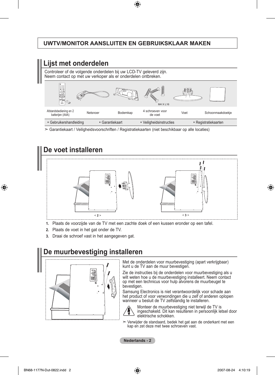 Lijst met onderdelen, De voet installeren de muurbevestiging installeren, Uwtv/monitor aansluiten en gebruiksklaar maken | Samsung LE20S81B User Manual | Page 70 / 271
