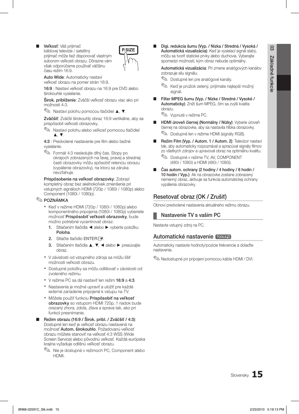Resetovať obraz (ok / zrušiť), Automatické nastavenie | Samsung LE22C450E1W User Manual | Page 288 / 391