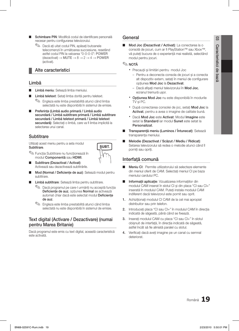 Alte caracteristici ¦ limbă, Subtitrare, General | Interfaţă comună | Samsung LE22C450E1W User Manual | Page 331 / 391