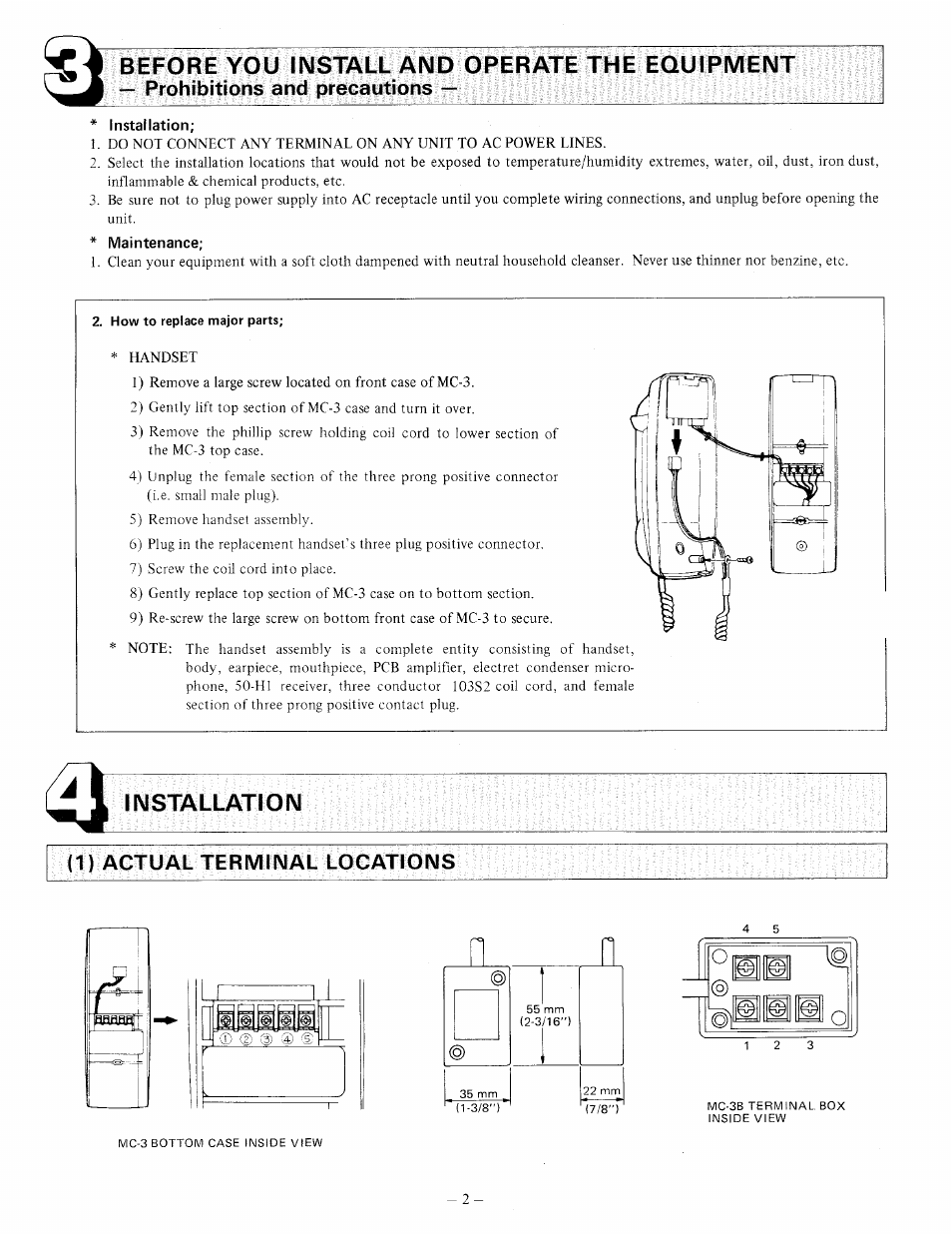 Prohibitions and precautions, Installation, 1) actual terminal locations | Before you install and operate the equipment | Aiphone MC-3B User Manual | Page 2 / 4