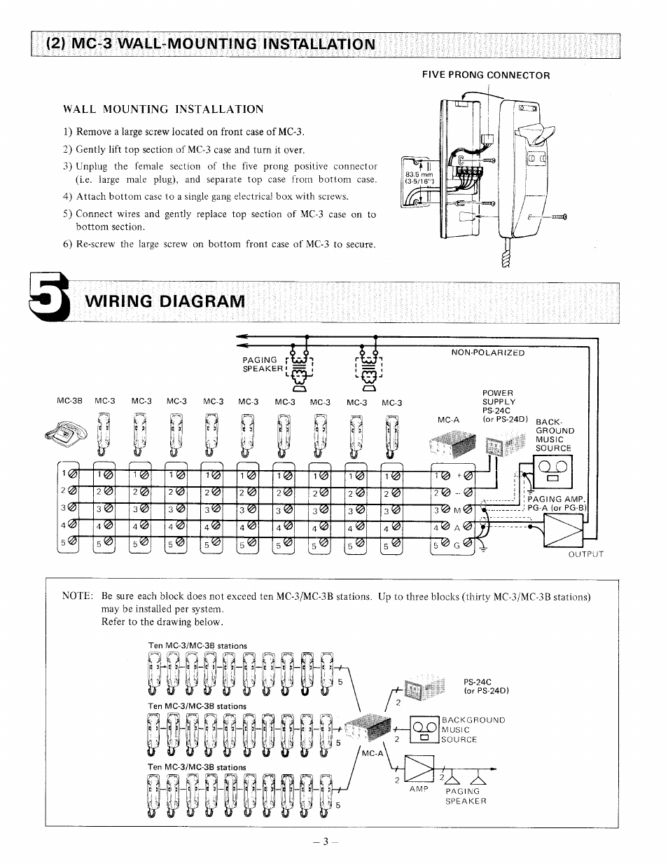 2) mc-3 wall-mounting installation, Wiring diagram | Aiphone MC-3B User Manual | Page 3 / 4