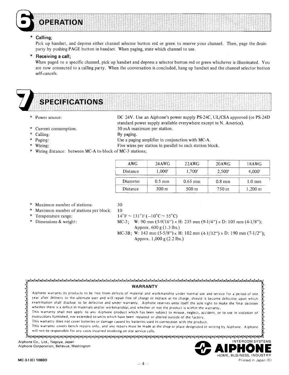 Calling, Aiphone, Operation | Specifications | Aiphone MC-3B User Manual | Page 4 / 4