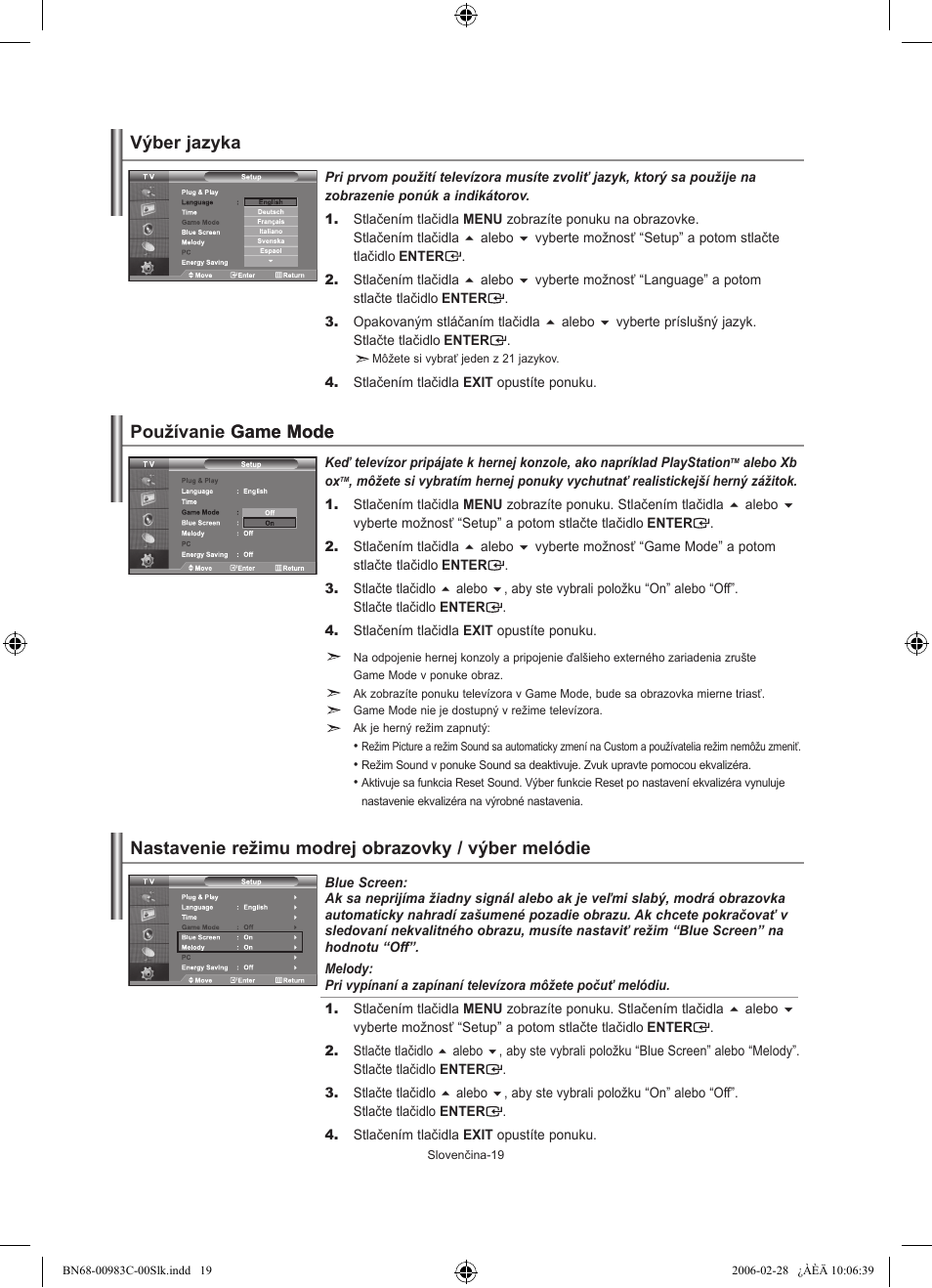 Výber jazyka, Používanie �ame mode �ame mode, Nastavenie režimu modrej obrazovky / výber melódie | Samsung LE32R71W User Manual | Page 151 / 212