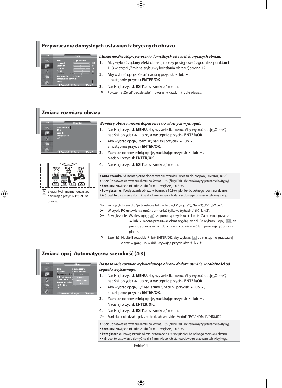 Zmiana rozmiaru obrazu, Zmiana opcji automatyczna szerokość (4:3) | Samsung LE40M91B User Manual | Page 106 / 363
