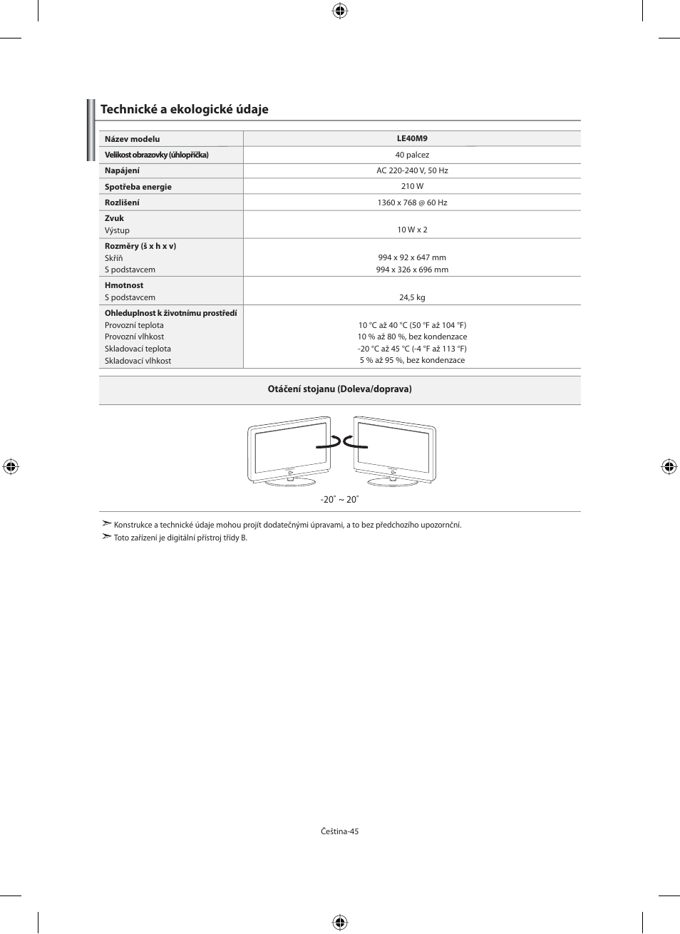 Technické a ekologické údaje | Samsung LE40M91B User Manual | Page 362 / 363
