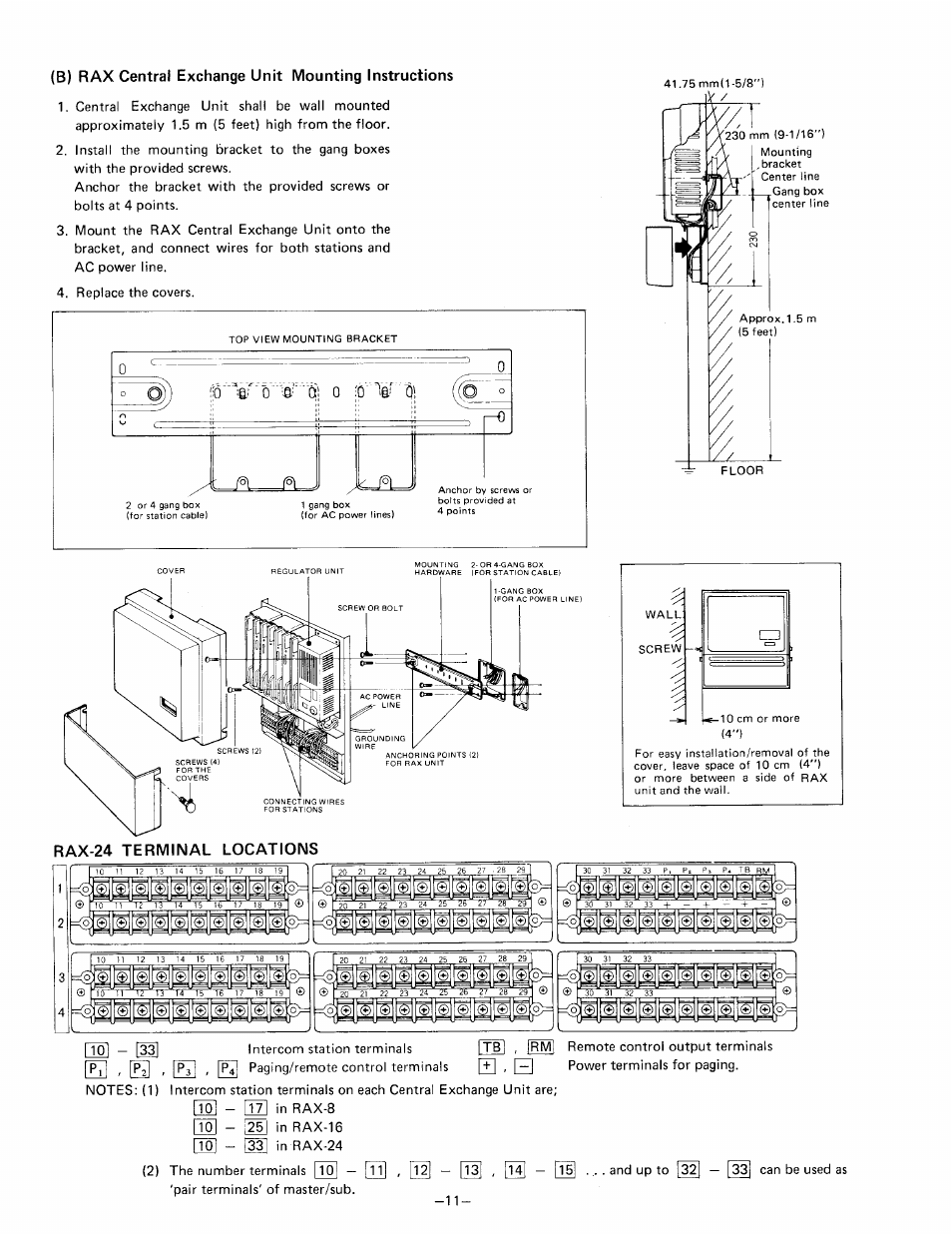 B) rax central exchange unit mounting instructions, Rax-24 terminal locations | Aiphone RAX R24/A User Manual | Page 13 / 29