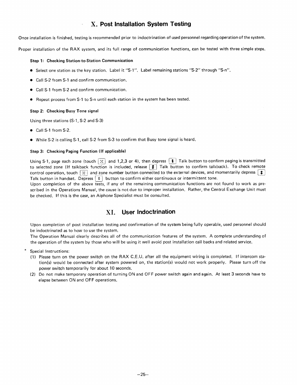 Post installation system testing, User indoctrination | Aiphone RAX R24/A User Manual | Page 27 / 29