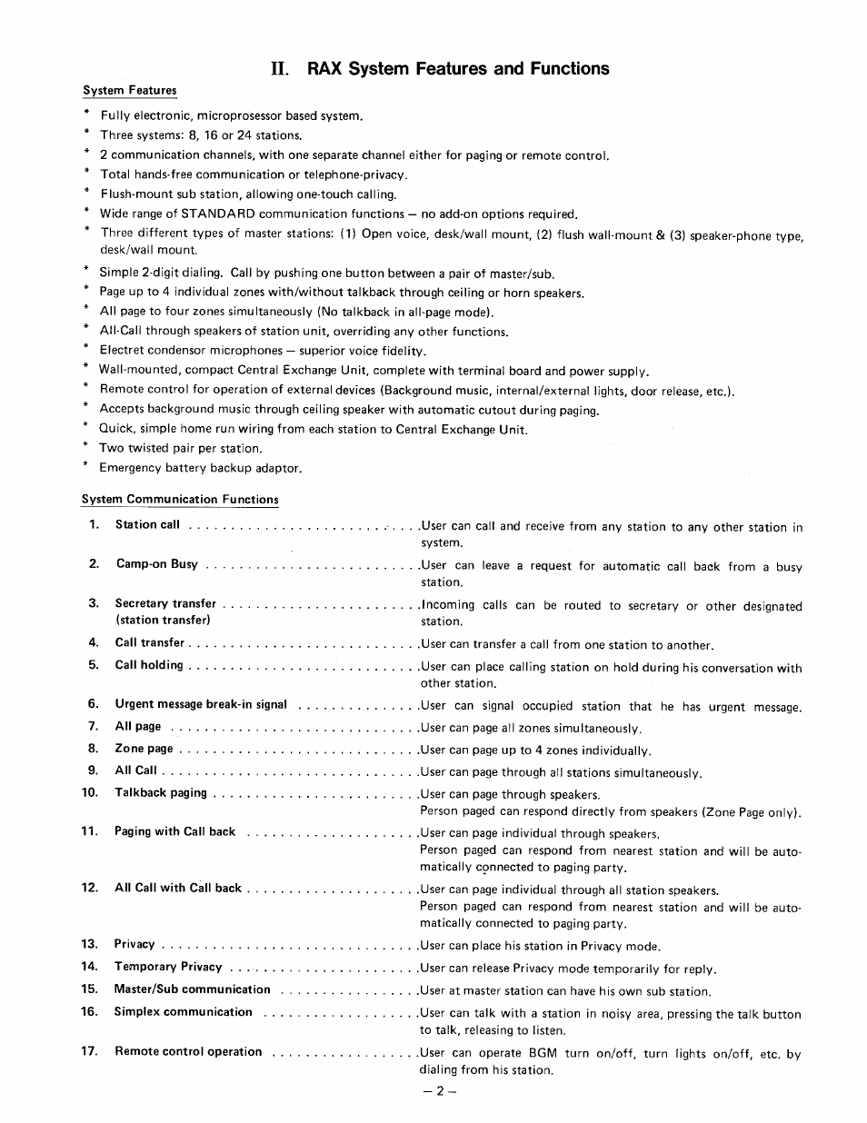Ii. rax system features and functions | Aiphone RAX R24/A User Manual | Page 4 / 29
