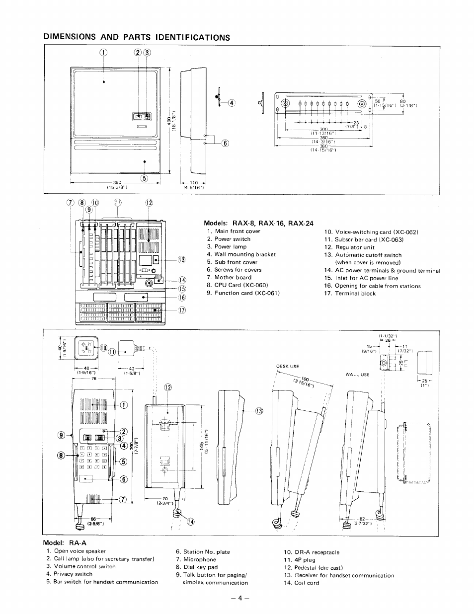 Dimensions and parts identifications | Aiphone RAX R24/A User Manual | Page 6 / 29