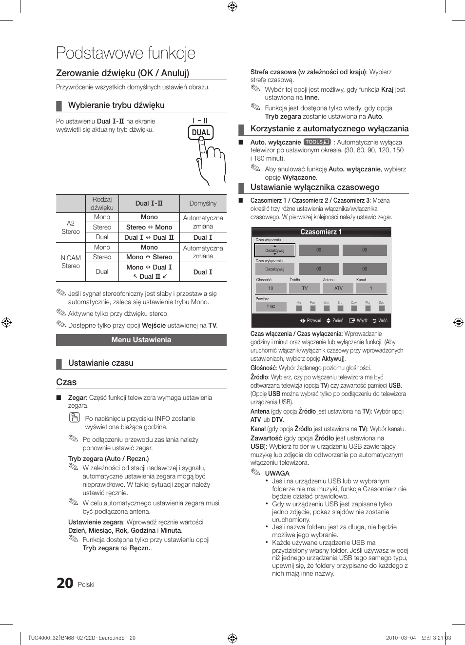 Podstawowe funkcje, Zerowanie dźwięku (ok / anuluj), Czas | Samsung UE32C4000PW User Manual | Page 108 / 441