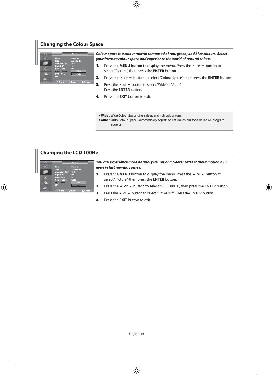 Changing the colour space, Changing the lcd 100hz | Samsung LE32M71B User Manual | Page 18 / 363