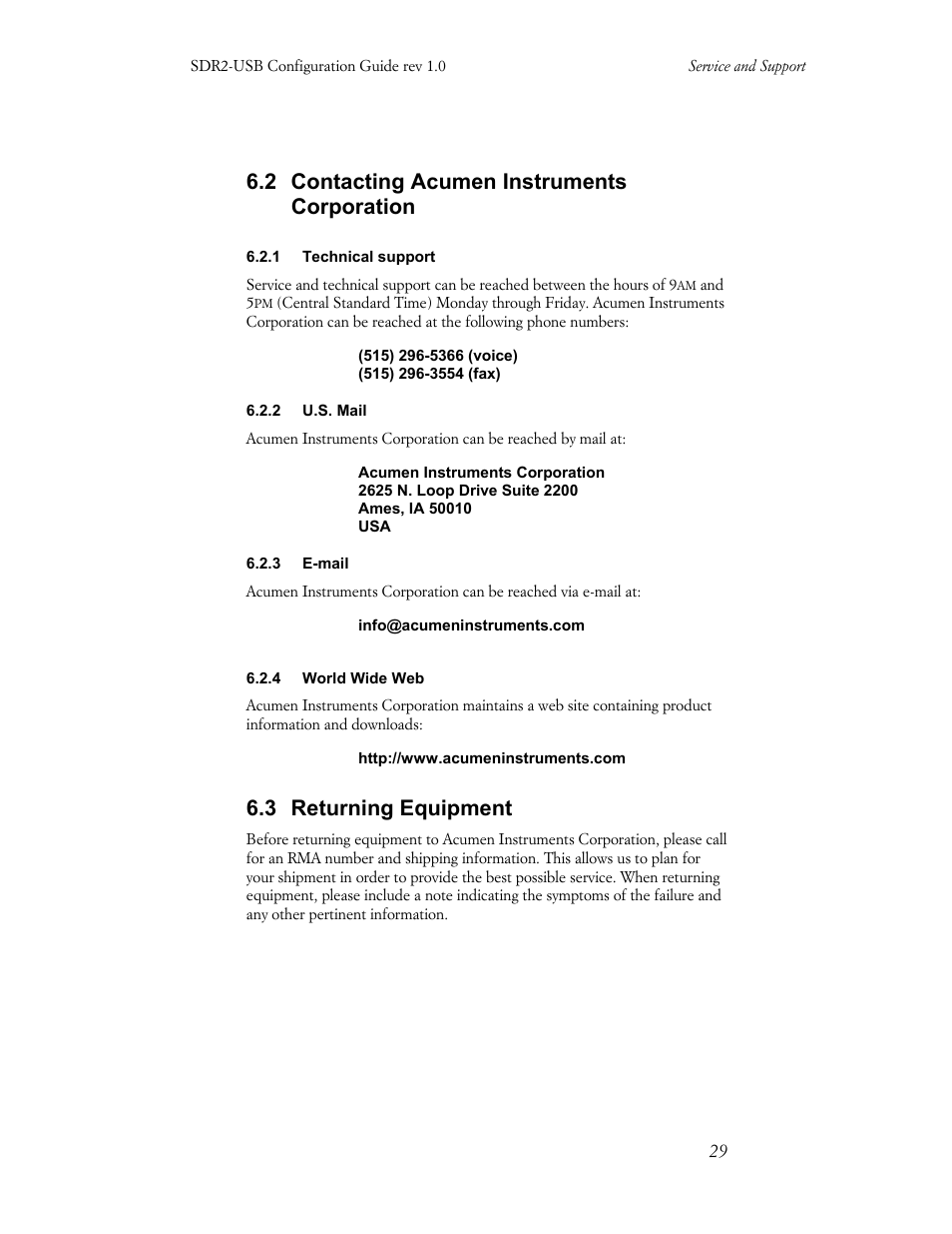 2 contacting acumen instruments corporation, 3 returning equipment | Acumen INSTRUMENTS CORPORATION DATABRIDGE(TM) SDR2-USB User Manual | Page 31 / 41