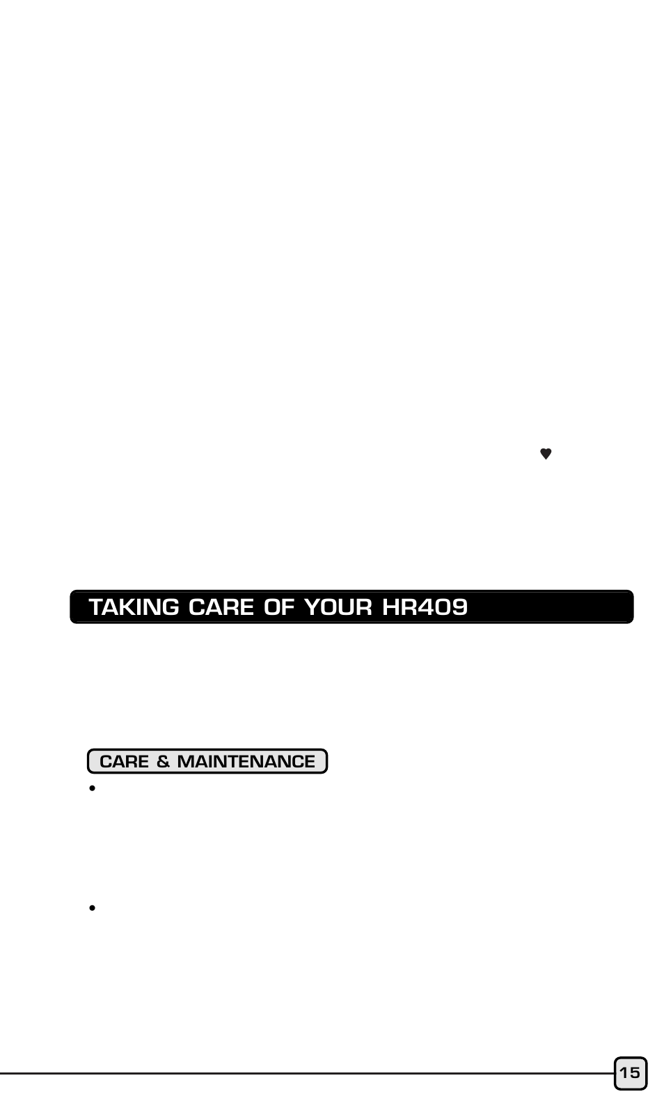 Taking care of your hr409 | Acumen HR409 User Manual | Page 13 / 16
