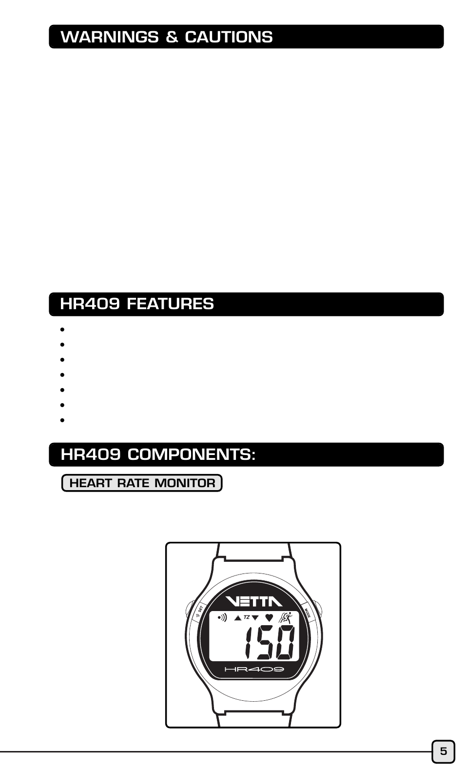 Warnings & cautions, Hr409 features, Hr409 components | Acumen HR409 User Manual | Page 3 / 16