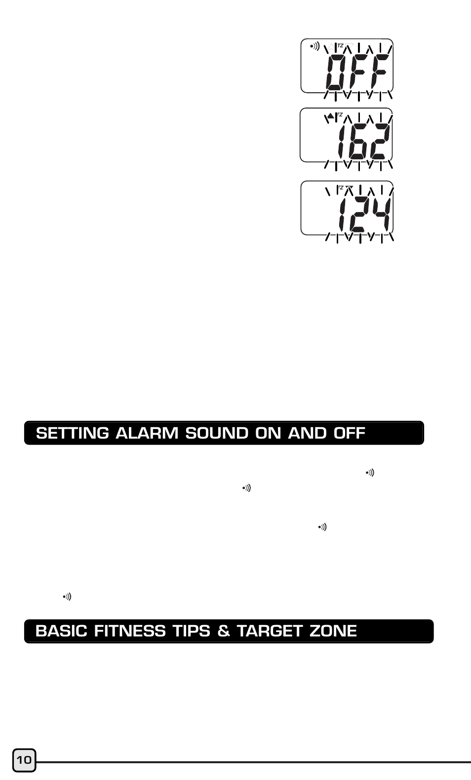 Setting alarm sound on and off, Basic fitness tips & target zone | Acumen HR409 User Manual | Page 8 / 16