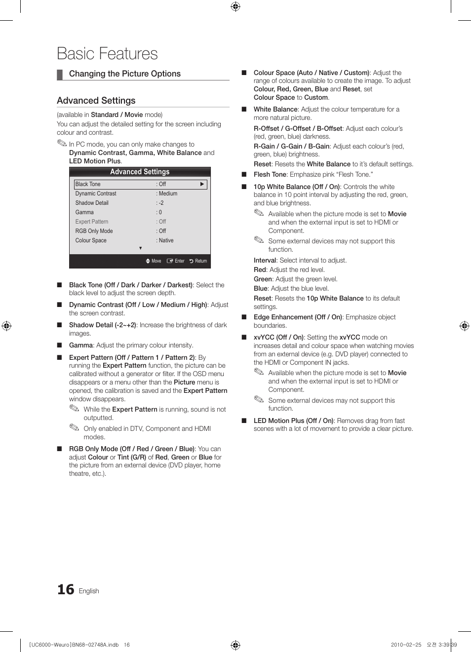 Basic features, Advanced settings | Samsung UE55C6000RW User Manual | Page 16 / 325
