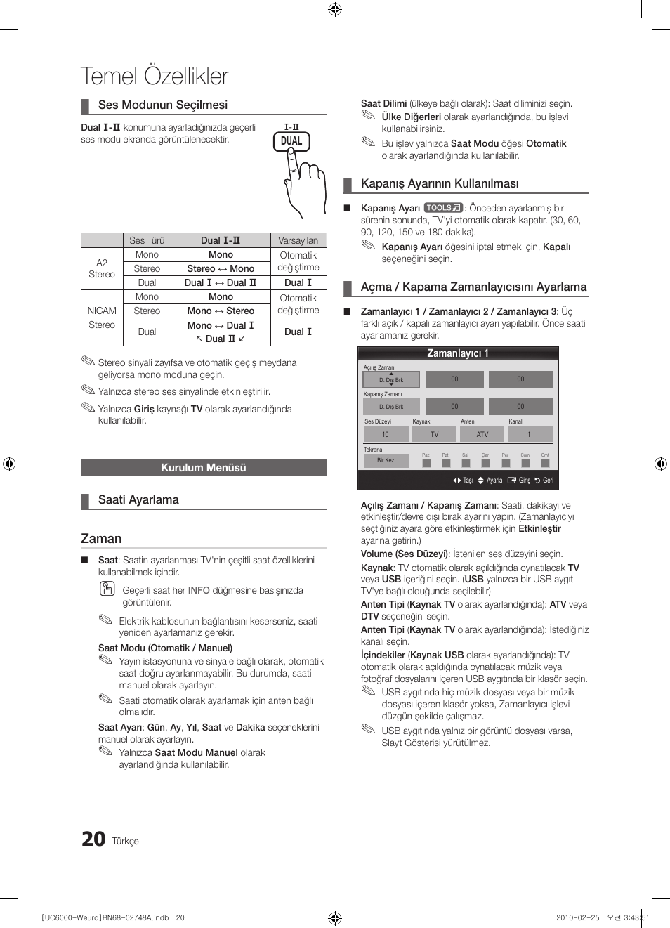 Temel özellikler, Zaman | Samsung UE55C6000RW User Manual | Page 290 / 325