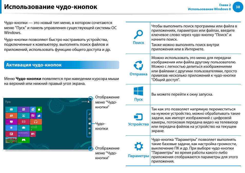 Использование чудо-кнопок, Активация чудо-кнопок | Samsung NP880Z5E User Manual | Page 39 / 157
