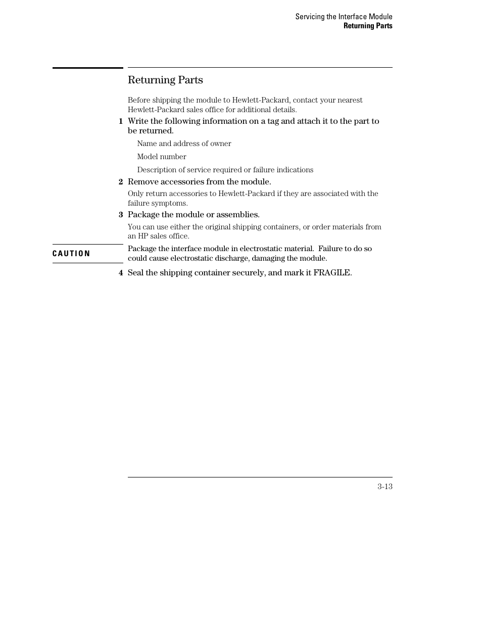 Returning parts | Agilent Technologies HP 16500 User Manual | Page 30 / 38