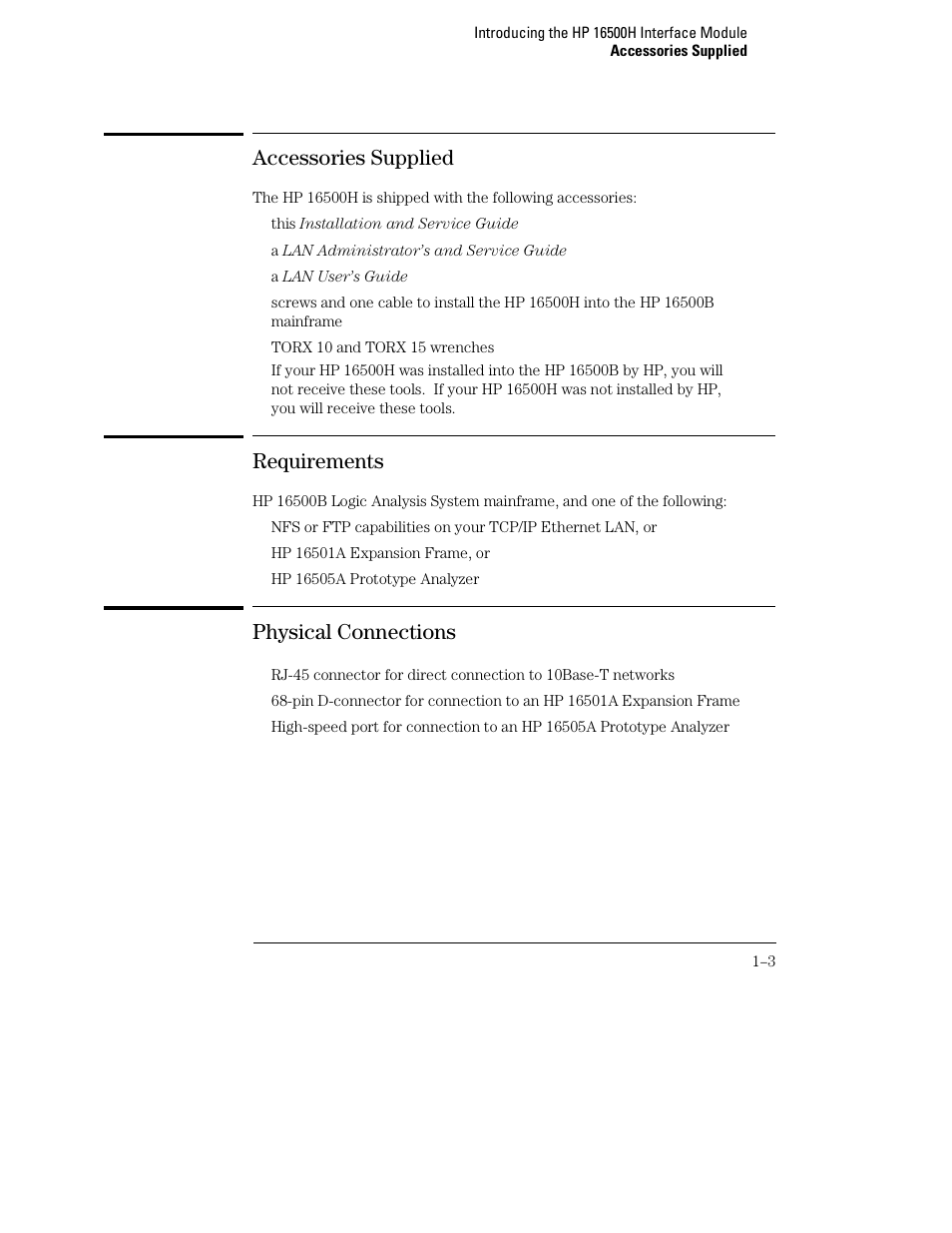 Accessories supplied, Requirements, Physical connections | Agilent Technologies HP 16500 User Manual | Page 8 / 38