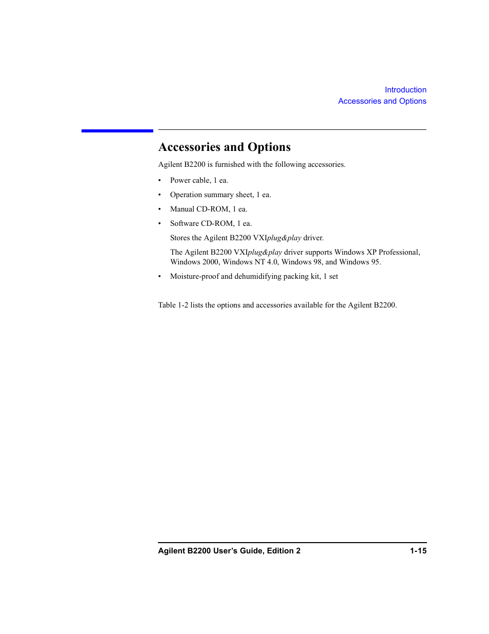 Accessories and options, Accessories and options -15 | Agilent Technologies B2201A User Manual | Page 31 / 234