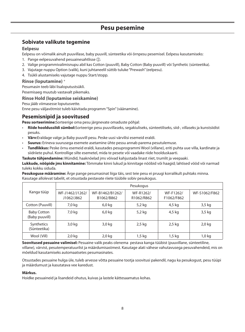 Pesu pesemine, Sobivate valikute tegemine, Pesemisnipid ja soovitused | Samsung WF-B1062 User Manual | Page 22 / 56