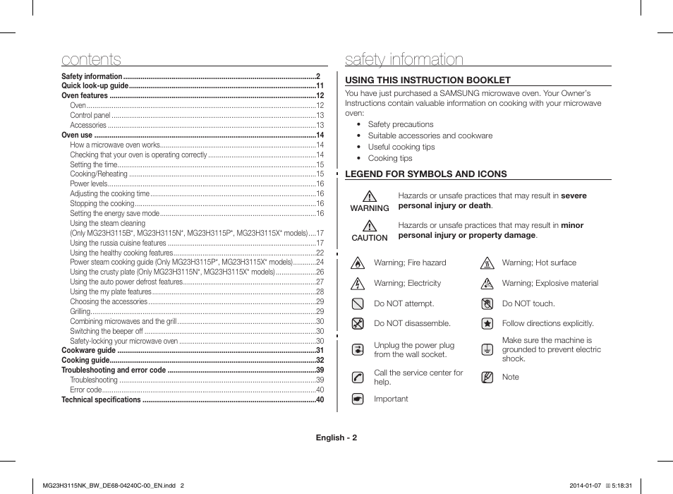 Samsung MG23H3115NW User Manual | Page 2 / 42