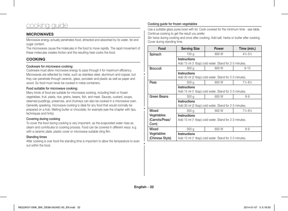 Cooking guide | Samsung MG23H3115NW User Manual | Page 32 / 42