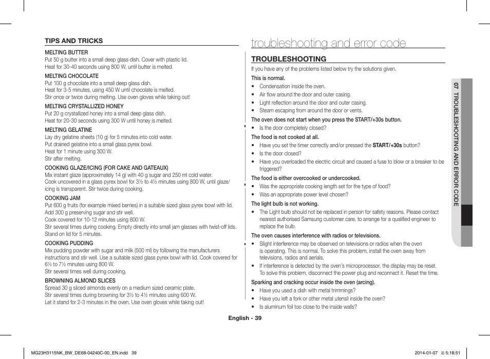 Troubleshooting and error code | Samsung MG23H3115NW User Manual | Page 39 / 42