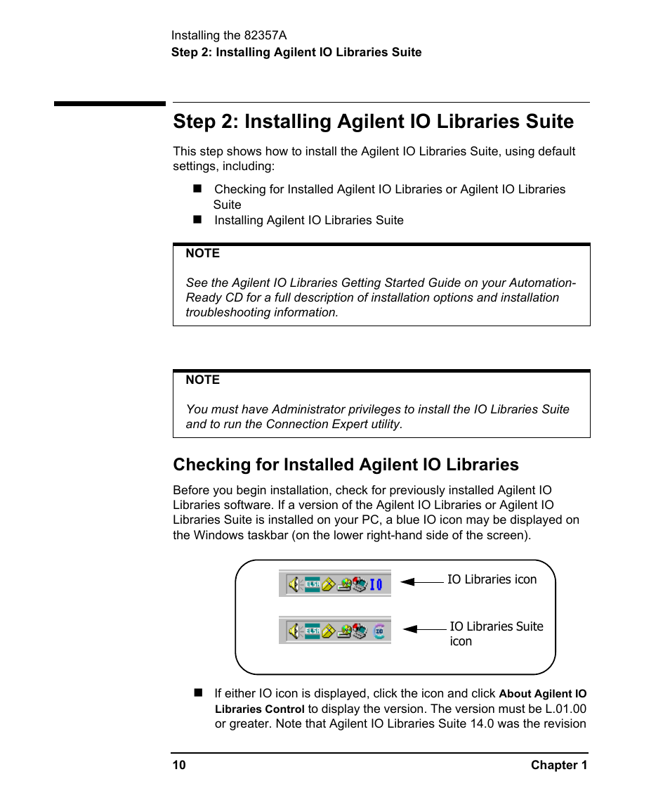 Step 2: installing agilent io libraries suite, Checking for installed agilent io libraries | Agilent Technologies USB/GPIB Interface Converter 82357A User Manual | Page 10 / 70